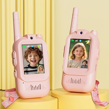 Kids Walkie Talkie with Video, 2 Pack Rechargeable Toddler Toys with HD Camera & Voice Changer, Long Range Walkie Talkies for Boys Girls Age 3-8, Outdoor Camping Toys (Pink Blue)