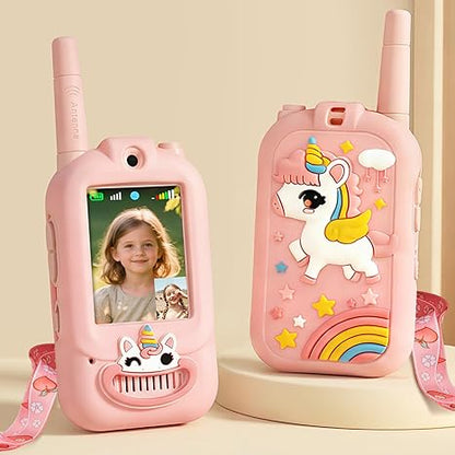 Kids Walkie Talkie with Video, 2 Pack Rechargeable Toddler Toys with HD Camera & Voice Changer, Long Range Walkie Talkies for Boys Girls Age 3-8, Outdoor Camping Toys (Pink Blue)